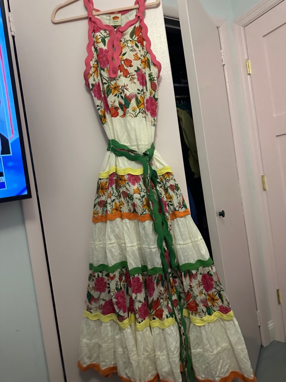 FARM Rio White Floral Tiered Maxi with Pink Trim and Green Tie